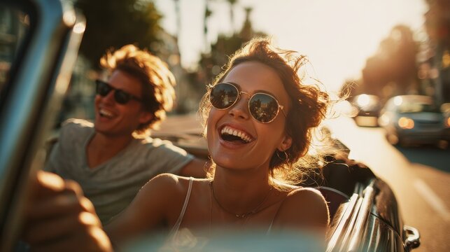 Happy young couple having enjoying summer vacation on convertible car. Man and woman laughing while driving a cabriolet auto outdoors. Travel and holidays concept. Soft focus on woman. : Generative A - Powered by Adobe