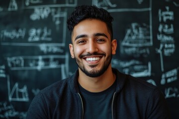 Man smiles confidently in front of blackboard filled with data and charts during a brainstorming session in a modern workspace