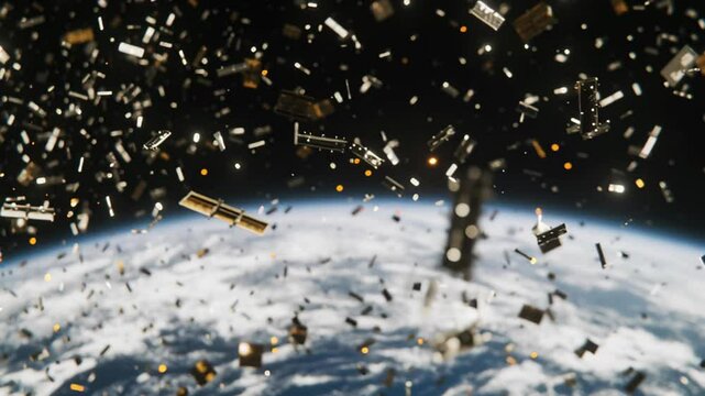Multitude of satellites captured in low Earth orbit amidst space debris surrounding our planet, a multitude of satellites in the form of points in space orbiting the Earth in a chaotic pattern