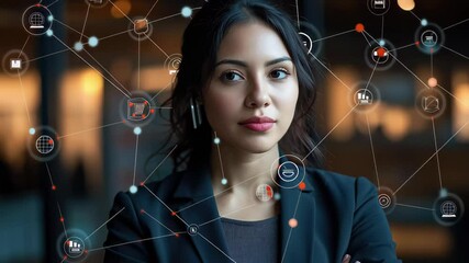 Network connections highlighted by a confident young professional in a modern office setting, network of connections with icons over biracial businessman having video call - Powered by Adobe