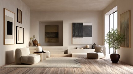 Artist's living room in minimal style with artworks , no logos, no brands