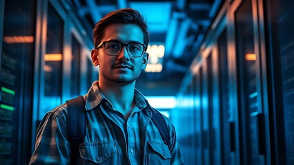 A technical specialist stands in a futuristic server room bathed in cool blue lighting.