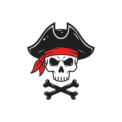 Flat design vector of a pirate skull wearing a tricorn hat with crossed bones and red bandana.