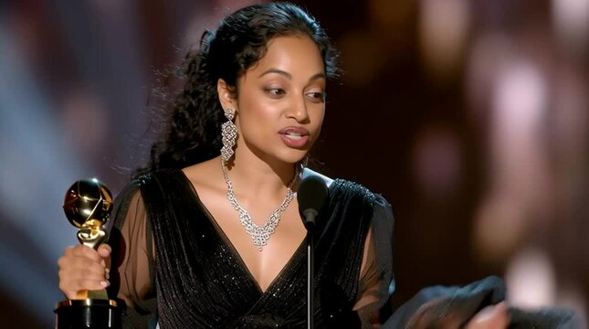 A woman gives an acceptance speech at the podium on stage during an awards ceremony after winning a trophy 