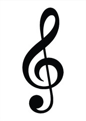 A classic black treble clef symbol isolated on a clean white background