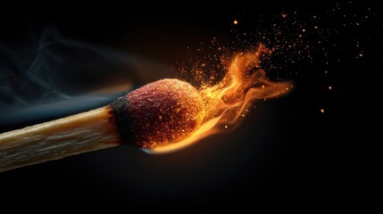 Burning safety match on dark background, closeup