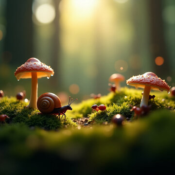 Fantasy Macro World: Snail and Ants Among Mushrooms in Enchanted Forest