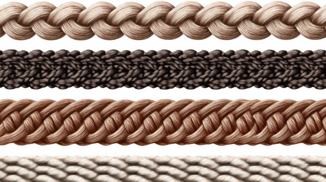 Plaits and braids pattern brushes. Knitting, braided ropes vector isolated collection, no logos, no brands