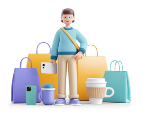 Young shopper holding smartphone and surrounded by shopping bags and coffee