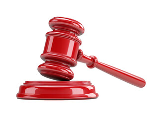 Red gavel striking sound block on transparent background symbolizing justice