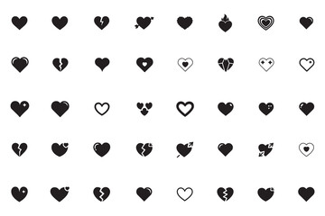 Heart icon set. Collection of love, romance, and heartbreak symbols. Vector silhouette glyphs for Valentine's Day