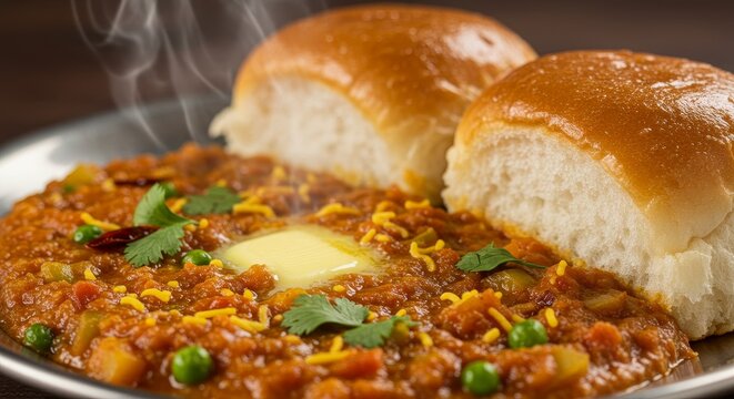Delicious Pav Bhaji Indian Dish - Steaming hot Pav Bhaji, a popular Indian street food, served with soft buttered bread rolls. A flavorful and comforting meal