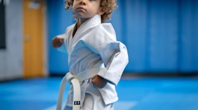 A young kid practices karate in gi - martial arts and self defense for children