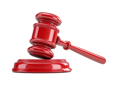Red gavel striking sound block on transparent background symbolizing justice