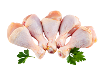 Five raw chicken drumsticks with parsley on meat poultry