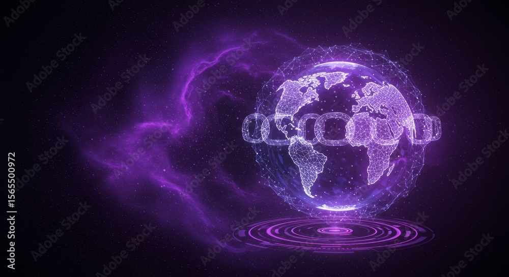 Poster global network connection - a futuristic depiction of the world connected by a glowing chain, symbol