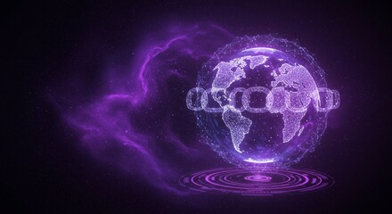 Obraz premium Global Network Connection - A futuristic depiction of the world connected by a glowing chain, symbolizing global networking and interconnectedness