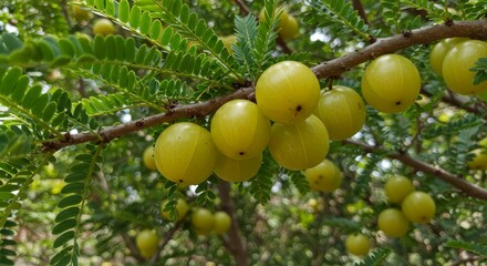Indian Gooseberry Tree Branch with Ripe Fruit - Close-up of a branch laden with ripe, yellow Indian gooseberries, showcasing their vibrant color and texture against lush green foliage