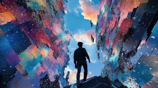 A person stands beneath a colorful, abstract structure.