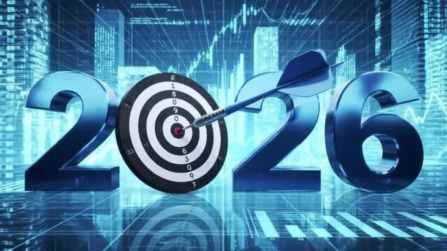 A futuristic animation with a chrome-blue 2026 and a dart hitting a target, set against a digital data grid. Perfect for corporate happy new year 2026 goals