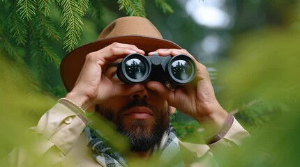 weird whimsical man with binoculars  in nature looking for wildlife - Powered by Adobe