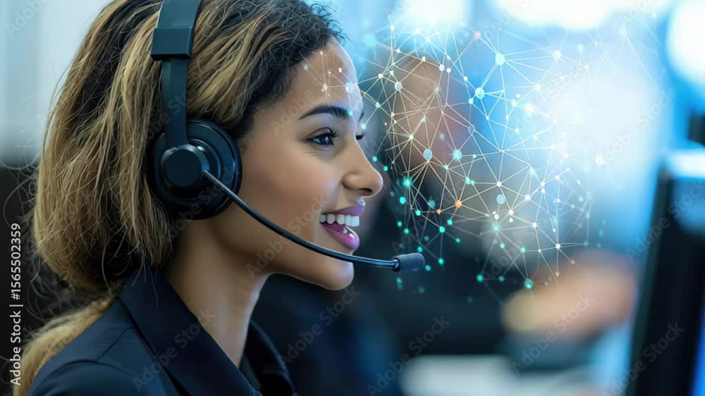Poster professional woman with headset engages in data processing within a network of connections, network 