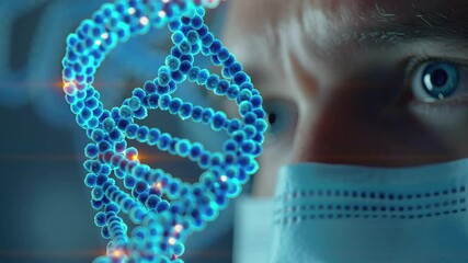 Exploring data processing in genetic research with DNA strands over a scientist's face, data processing and dna strands over caucasian male surgeon with face mask - Powered by Adobe