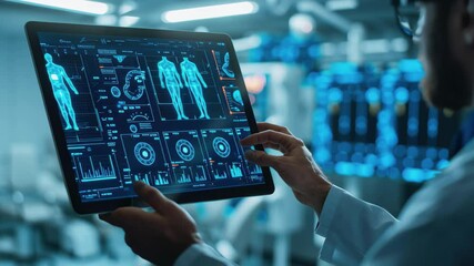 Doctor explains patient health information using advanced digital interface in a medical facility, doctor shows the patient information on the screen of a digital tablet - Powered by Adobe