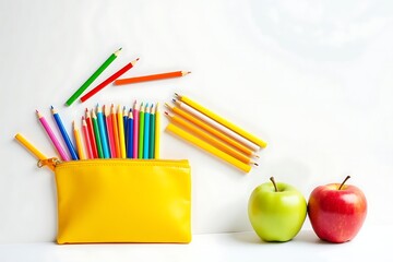 Fototapeta premium Back to School Essentials Colorful Pencils in Yellow Case with Apples on White Background for Education