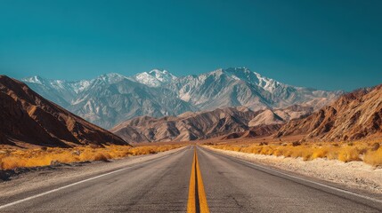Fototapeta premium A scenic view of a long road surrounded by mountains and desert landscape under a clear blue sky.