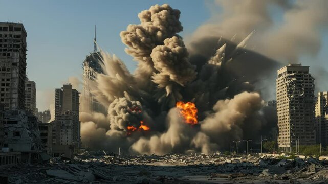 Cinematic scene of urban destruction with intense explosions and collapsing buildings depicting