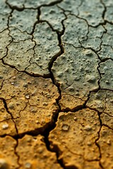 Fototapeta premium Closeup view of cracked, dry earth in shades of brown and grey, showing the effects of drought