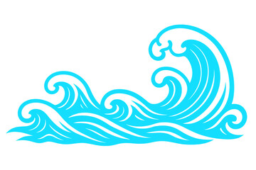 Light blue stylized ocean waves breaking and swirling, creating a decorative and dynamic aquatic scene on a transparent background