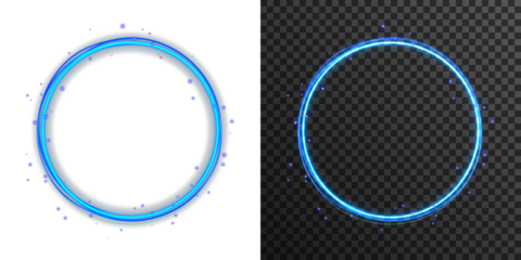 Neon glowing blue rings with orbit effect and radial flare. Futuristic digital halo in dark space. Ideal for sci-fi design, UI interface, cosmic backgrounds, vibrant tech posters and energy concept vi