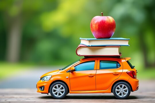 Back to School Transportation A Toy Car Carrying Books and an Apple on its Roof in a Green Park Setting