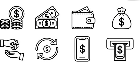 Simple Black Line Art Illustrations of Money and Financial Transactions