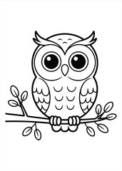 Fototapeta premium Cute cartoon owl with big eyes sitting on a branch with leaves black and white line art