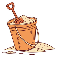 Orange bucket filled with sand and shovel beach