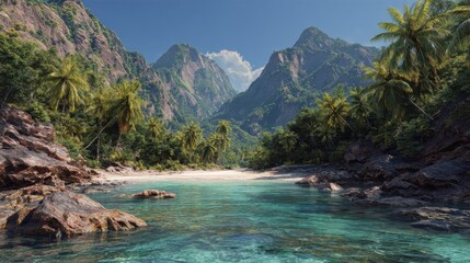 Tropical beach cove, scenic mountains, lush foliage, sunny day