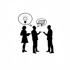 Silhouette of people discussing sustainable energy solutions in a workshop on white background