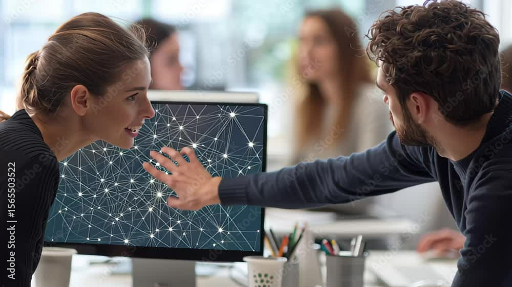 Poster collaboration in a modern workspace with data visualization and team discussions in background, digi