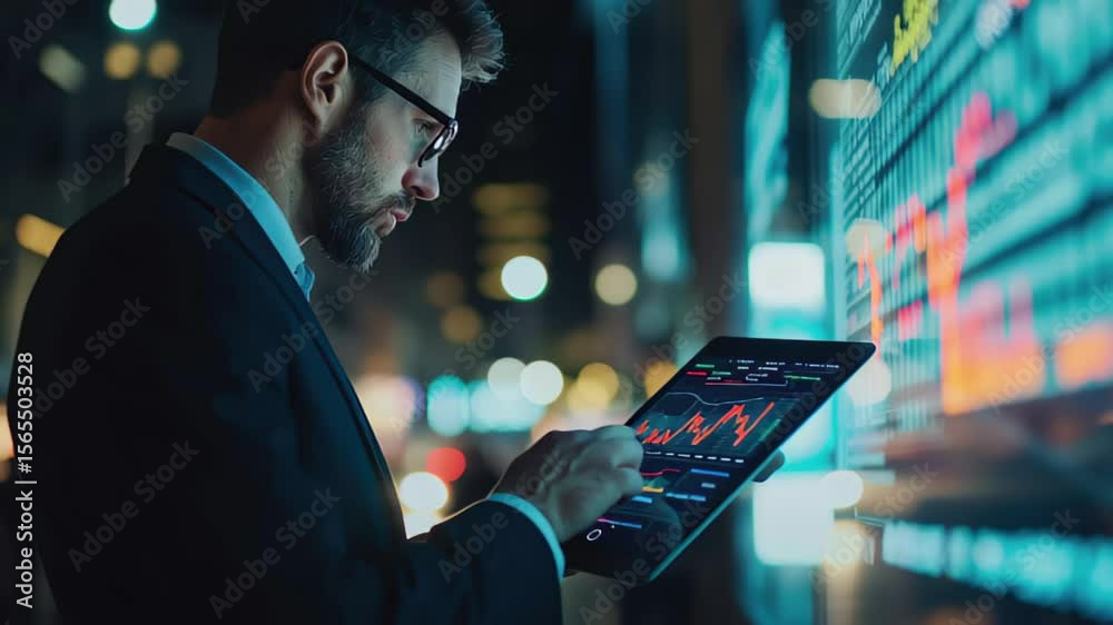 Poster trader analyzes market data using digital tablet in financial district at night, trader looking at t