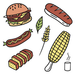 Burger hot dog corn and bread slices food