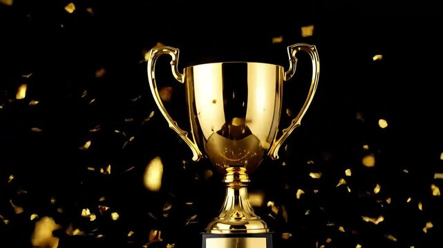 A shiny golden trophy with confetti falling on a black background studio shot