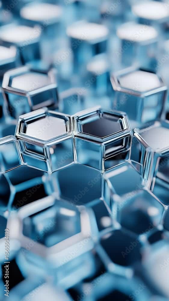 Poster close-up macro view of a modern 3d abstract honeycomb pattern in shades of cool blue and metallic si