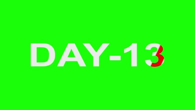 Day 13, 13Day Text Animation Videos On green Background. 13 Day To Go white Logo lite Animation Videos.4K HD video green screen background with black text, chroma key. 4k video animation.