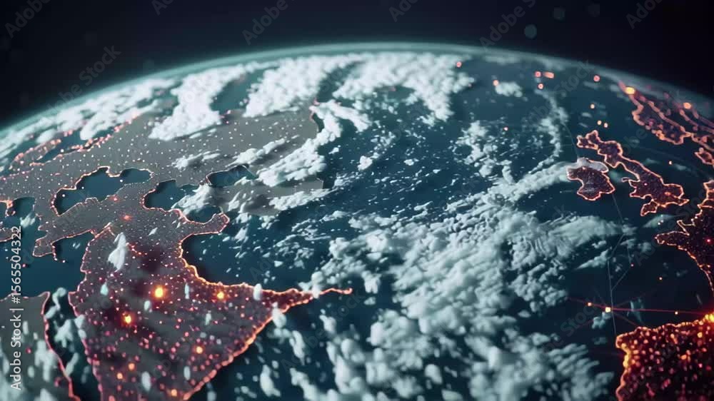 Poster digital data processing and global connections illuminated from space, network of connections and di