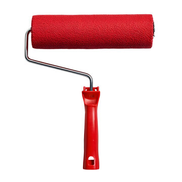 A vibrant red paint roller is displayed against a transparent background, ideal for illustrating home improvement, painting projects, or DIY tasks.