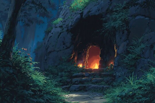 Anime background Mysterious cave entrance flickering torches illuminate dark passage