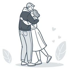 Couple embracing with hearts and leaves embrace love